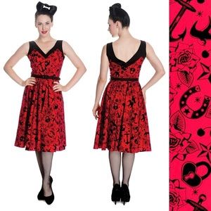 Hell Bunny Vixen ⚓️ Sailor Tattoo Flocked Swing Dress -  Small
